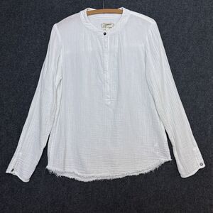 Current Elliott Annabelle Blouse White Long Sleeve Henley Raw Hem 1S Minimalist